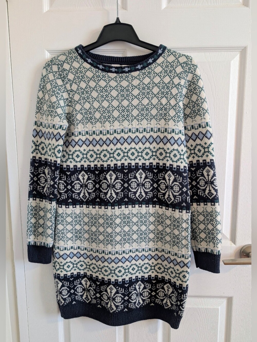 Nordic Fair Isle Knit Sweater Dress Navy Cream Green Grandpa Core Cabincore - L